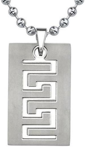 Strong and Distinctive: Designer Inspired Titanium Brushed Finish Greek Key Dog Tag Pendant for Men on a Stainless Steel Ball Chain