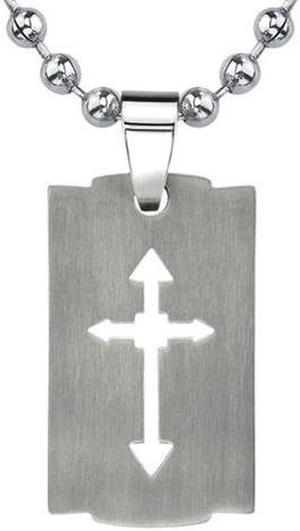 Strong Faith: Designer Inspired Titanium Brushed Finish Cut-out Arrow Cross Razor Bladed Design Dog Tag Pendant on a Stainless Steel Ball Chain for Men