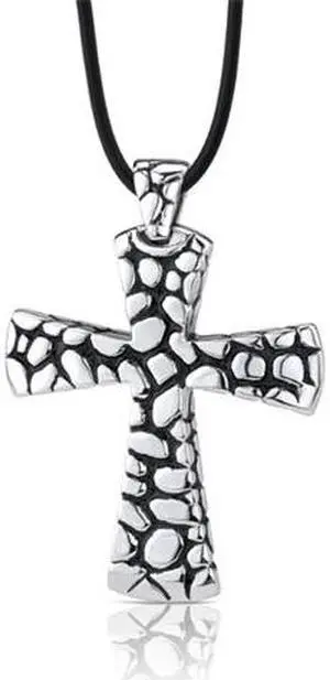 Mosaic of Faith: Stainless Steel Cobblestone Style Cross with Black Enamel Pendant on a Rubber Cord for Men