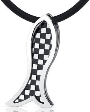 Trendy Impression: Unisex Stainless Steel Checkered Design Fish Slider Pendant Necklace