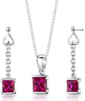Oravo SS2940 Princess Cut Created Ruby in Sterling Silver Pendant Earrings and 18" Necklace Set