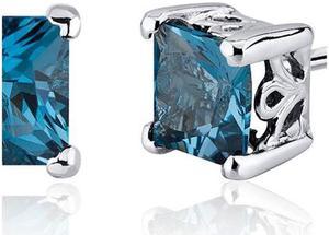 2.50 Carats London Blue Topaz Princess Cut Scroll Design Stud Earrings in Sterling Silver