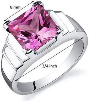 Step Design Princess Cut 3.25 carats Pink Sapphire Ring in Sterling Silver Size  7, Available in Sizes 5 thru 9
