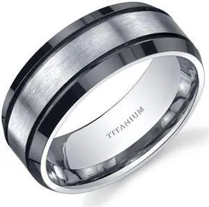 Beveled edge Black and Silver tone Mens 8mm Titanium Wedding Band Ring Size 9