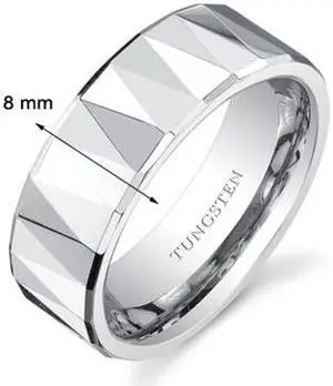 Faceted Polished FInish 8mm Mens White Tungsten Wedding Band Ring Available in Sizes 8 to 13