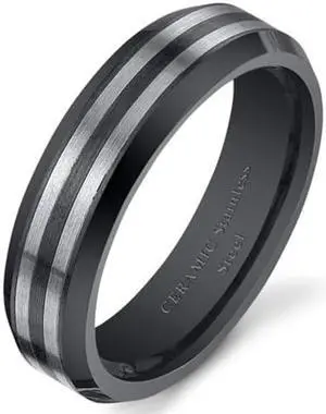 Black Striped 6mm Mens and Womens Stainless Steel Ceramic Wedding Band Ring Available in Sizes 5 to 13