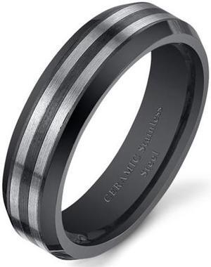 Black Striped 6mm Mens and Womens Stainless Steel Ceramic Wedding Band Ring Available in Sizes 5 to 13