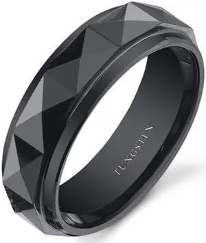 Faceted 7mm Mens Black Tungsten Wedding Band Ring Available in Sizes 8 to 13