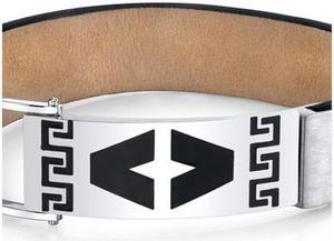 Mens Greek Key Black Genuine Leather and Stainless Steel Bracelet