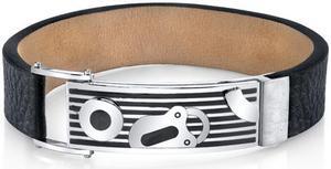Mens Padlock Design Black Genuine Leather and Stainless Steel Bracelet