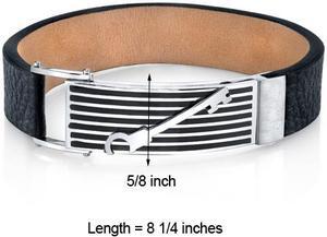 Mens Striped Key Black Genuine Leather and Stainless Steel Bracelet