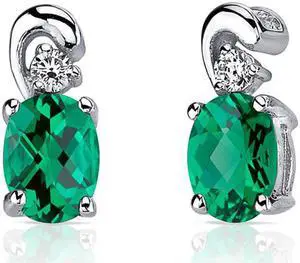 1.50 Ct. Oval Shaped Created Emerald Earrings in Sterling Silver Rhodium Finish