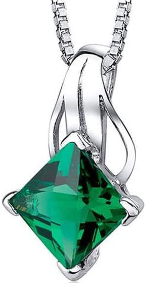 Oravo SP10744 Sterling Silver Rhodium Finish 2.00 carats Princess Checkerboard Cut Emerald Pendant with 18 inch Silver Necklace