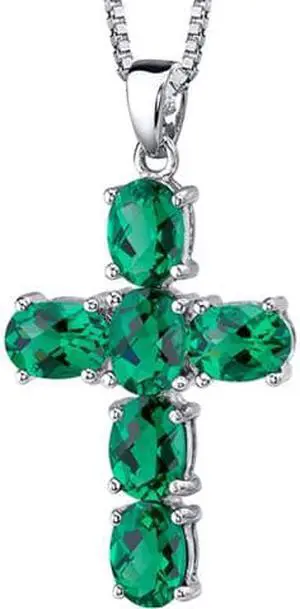 4.50 Ct. Oval Shaped Created Emerald Cross Sterling Silver Pendant with 18" Necklace