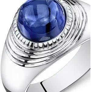 Mens 6.50 Carats Round Cabochon Blue Sapphire Ring In Sterling Silver With Rhodium Finish Size 9, Available Sizes 8 To 13
