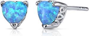 Blue Opal Stud Earrings Sterling Silver Heart Shape 1.50 Carats