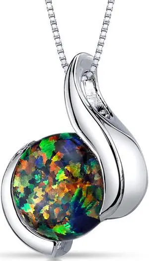 Black Opal Pendant Necklace Sterling Silver Round Cabochon 1.75 Carats