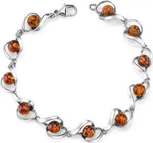 Oravo Baltic Amber Bracelet Sterling Silver Cognac Color Round Sphere Shape