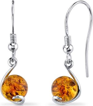 Oravo Baltic Amber Spherical Fishhook Earrings Sterling Silver Cognac Color