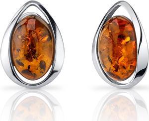 Oravo Baltic Amber Stud Earrings Sterling Silver Cognac Color Oval Shape