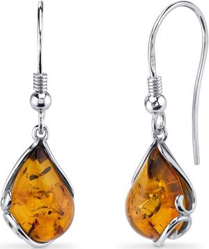 Oravo Baltic Amber Tear Drop Earrings Sterling Silver Cognac Color Fish Hook