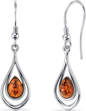 Oravo Baltic Amber Dangle Earrings Sterling Silver Cognac Color Tear Drop Shape