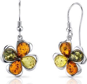 Oravo Baltic Amber Clover Earrings Sterling Silver Olive Honey and Cognac Colors