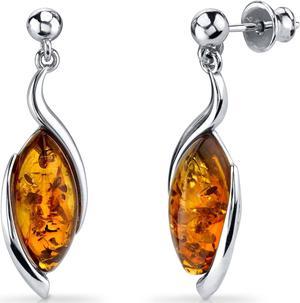 Oravo Baltic Amber Earrings Sterling Silver Cognac Color Marquise Shape