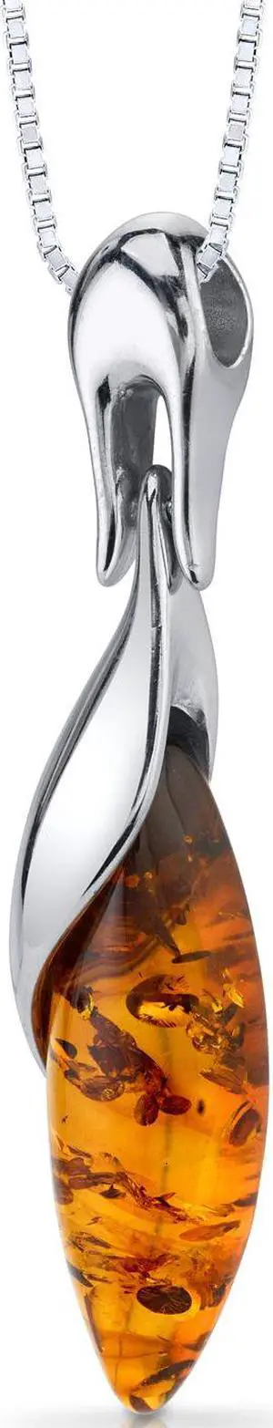 Oravo Baltic Amber Pendant Necklace Sterling Silver Cognac Color Marquise Shape, 18"