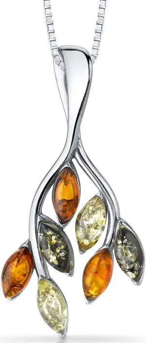 Oravo Baltic Amber Leaf Pendant Necklace Sterling Silver Multiple Colors, 18"