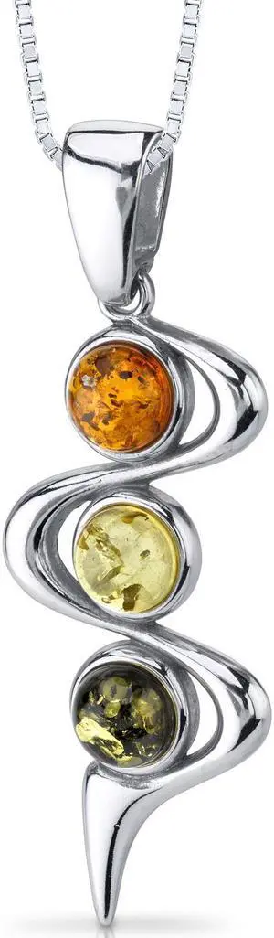 Oravo Three Stone Baltic Amber Pendant Necklace Sterling Silver Green Honey Cognac Colors, 18"