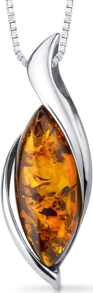 Oravo Baltic Amber Pendant Necklace Sterling Silver Cognac Color Bezel Set, 18"