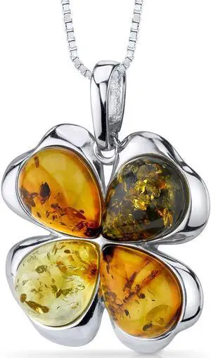 Oravo Baltic Amber Clover Pendant Necklace Sterling Silver Honey Olive and Cognac Colors, 18"