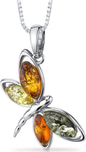 Oravo Baltic Amber Butterfly Pendant Necklace Sterling Silver Multiple Colors, 18"