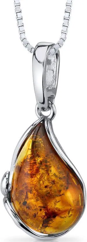 Oravo Baltic Amber Tear Drop Pendant Necklace Sterling Silver Cognac Color, 18"