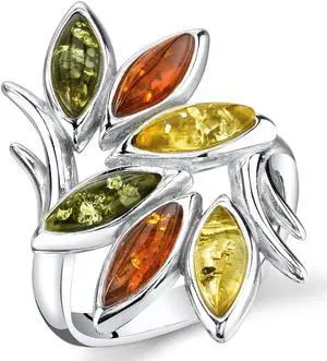 Baltic Amber Leaf Branch Ring Sterling Silver Multiple Colors, Sizes 5 through 9