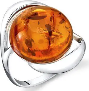 Baltic Amber Swirl Ring Sterling Silver Cognac Color Large Round Shape, Sizes 5 through 9