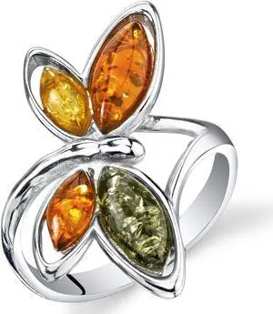 Baltic Amber Butterfly Ring Sterling Silver Cognac Color Multiple Colors, Sizes 5 through 9