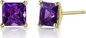 14K Yellow Gold Princess Cut 2.00 Carats Amethyst Stud Earrings