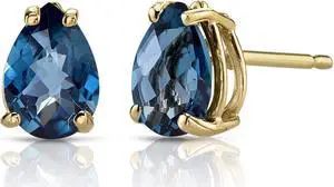 14K Yellow Gold Pear Shape 1.50 Carats London Blue Topaz Stud Earrings