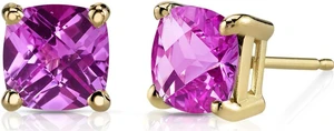 14K Yellow Gold Cushion Cut 2.50 Carats Created Pink Sapphire Stud Earrings 14K Yellow Gold Cushion Cut 2.50 Carats Created Pink Sapphire Stud Earrings