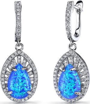 Created Blue Opal Nebula Drop Earrings Sterling Silver 3 Carats