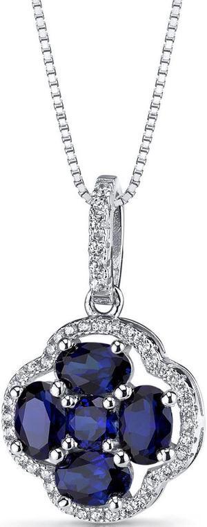 Created Blue Sapphire Clover Pendant Necklace Sterling Silver 2.25 Carats