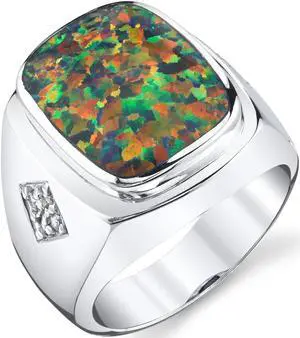 Men's Created Black Opal Knight Ring Sterling Silver Size 8-13