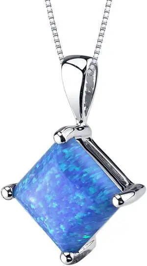 14k White Gold Princess Cut Created Blue Opal Pendant