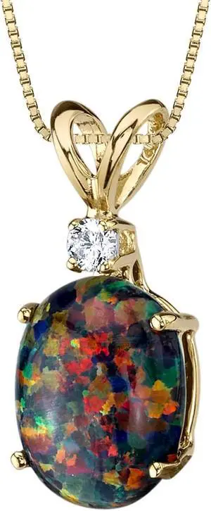 14k Yellow Gold Oval Shape Created Black Opal Diamond Pendant