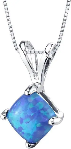 14k White Gold Cushion Cut Created Blue Opal Pendant