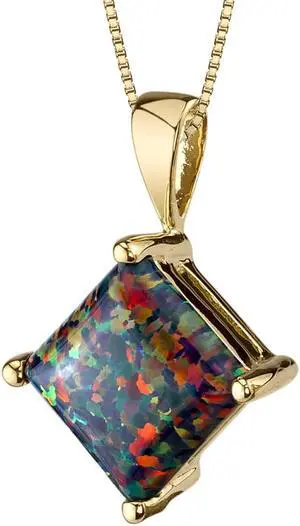 14k Yellow Gold Princess Cut Created Black Opal Pendant