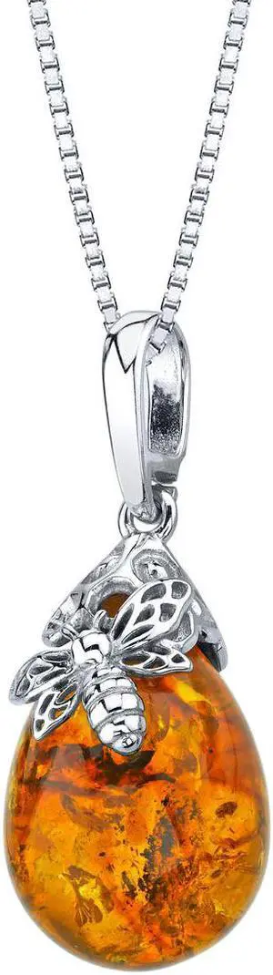 Baltic Amber Sterling Silver Bee Pendant Necklace