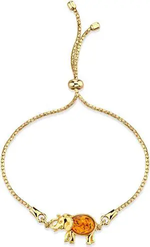 Baltic Amber Gold-Tone Sterling Silver Elephant Bolo Adjustable Bracelet